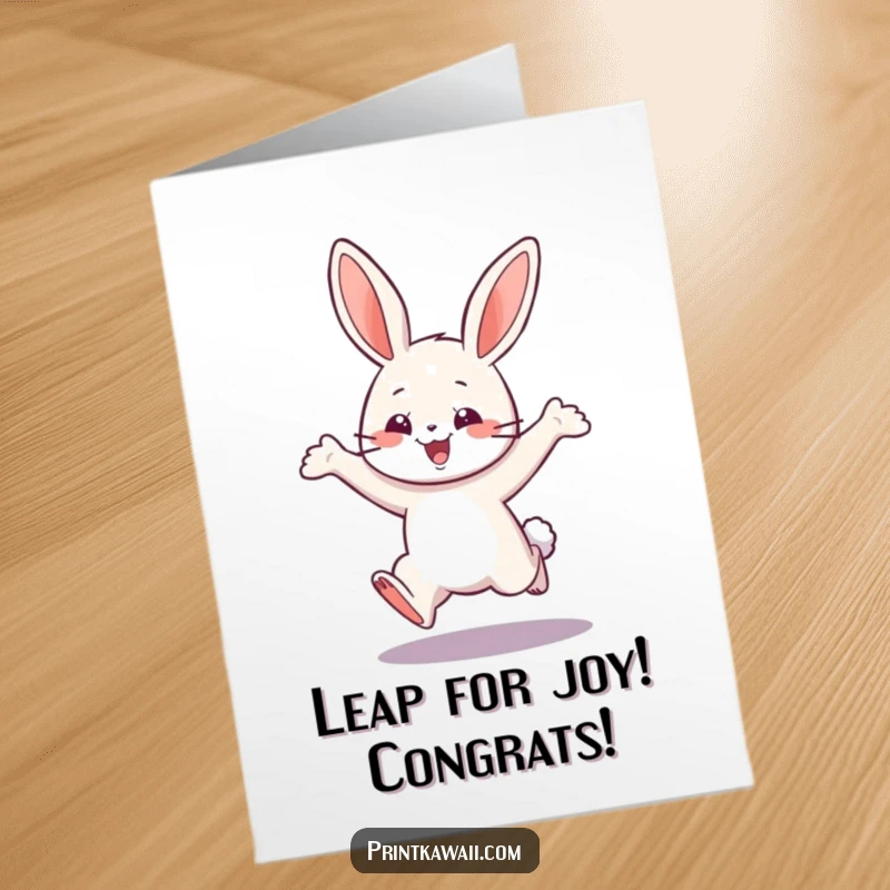Funny Free Printable Congratulations Card: a playful bunny character taking a happy leap to celebrate someone's success.