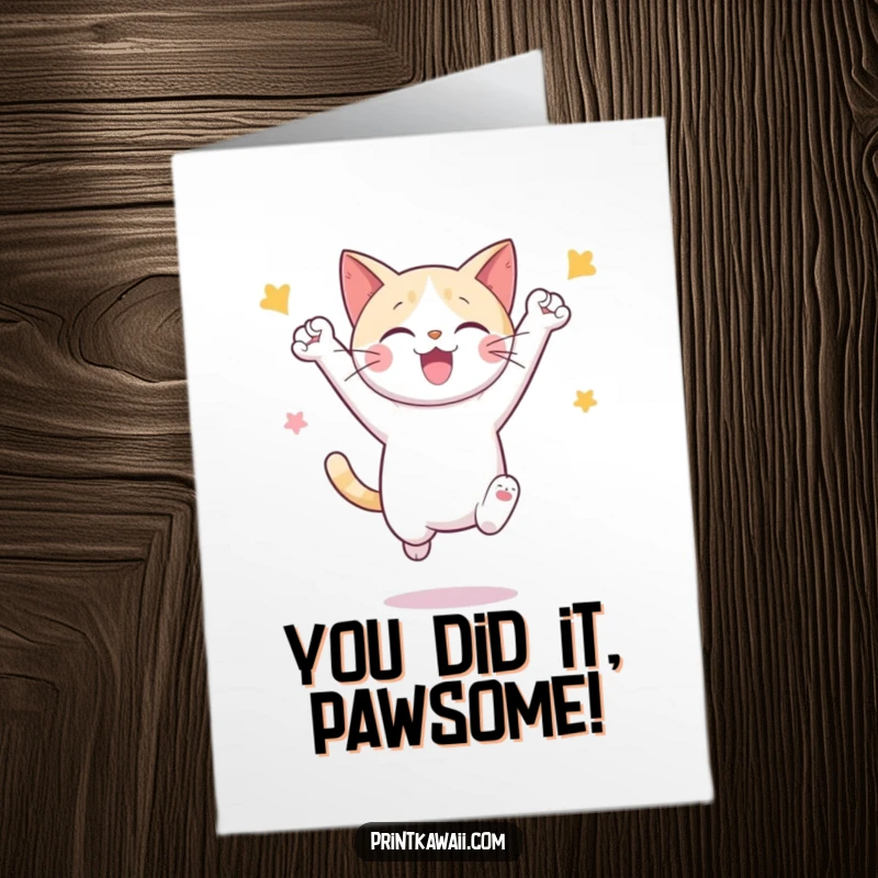 Funny Free Printable Congratulations Card showing a cute cat character leaping and celebrating a success.