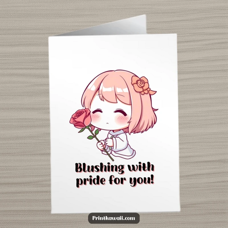 Funny free printable congratulations card of a character blushing deeply, presenting a single, perfect rose as a symbol of success.