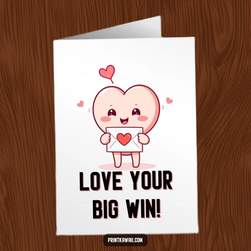 Funny Free Printable Congratulations Card where a smiling heart character happily receives a love letter, celebrating good news.