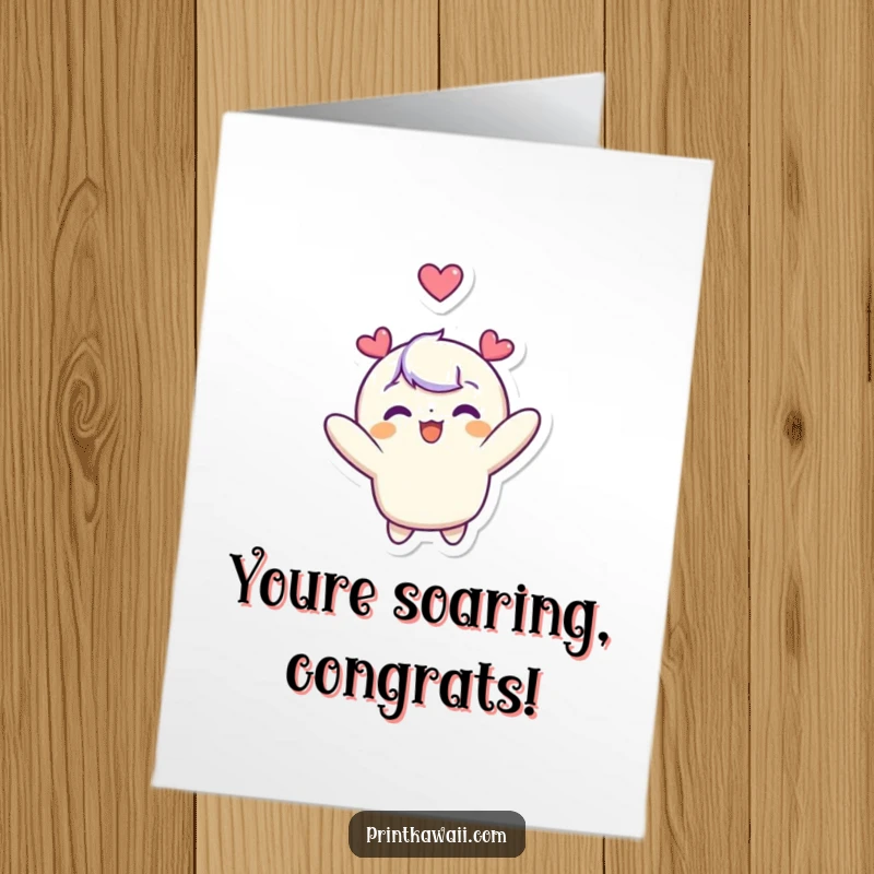 Funny Free Printable Congrats Card: Adorable character joyfully floating upwards with a heart, perfect for celebrating achievements, a funny downloadable gift.
