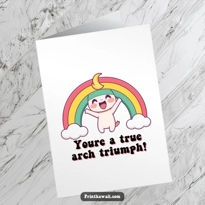 Funny Free Printable Congratulations Card showing a playful rainbow character arching joyfully, a vibrant 'Print at Home' celebration.