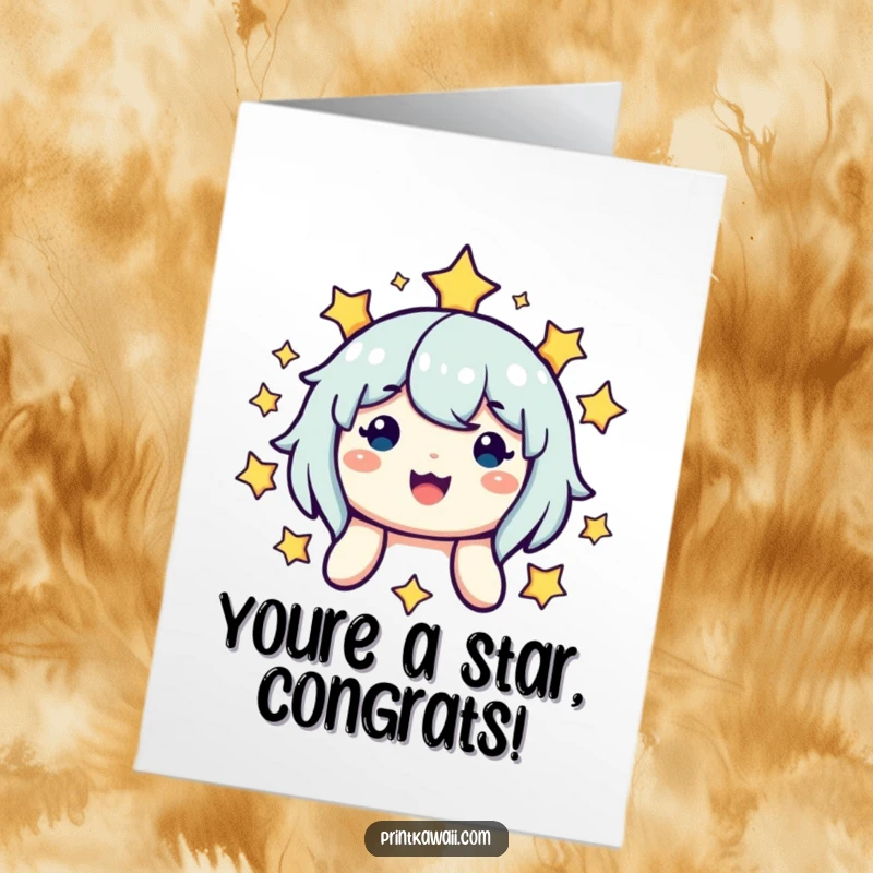 Funny Free Printable Congrats Card: Adorable star character radiating happiness, surrounded by twinkling stars, cheering them on.
