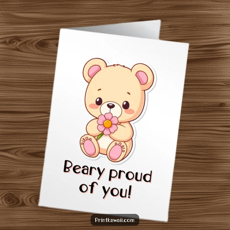 Funny Free Printable Congratulations Card with a content teddy bear holding a flower, a sweet and downloadable congratulatory message.
