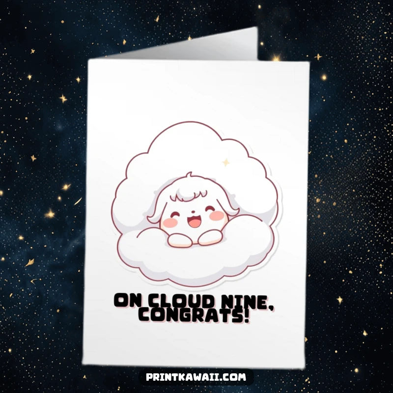 Funny Free Printable Congratulations Card: Cute kawaii character embracing a fluffy cloud with pure joy, celebrating achievement.