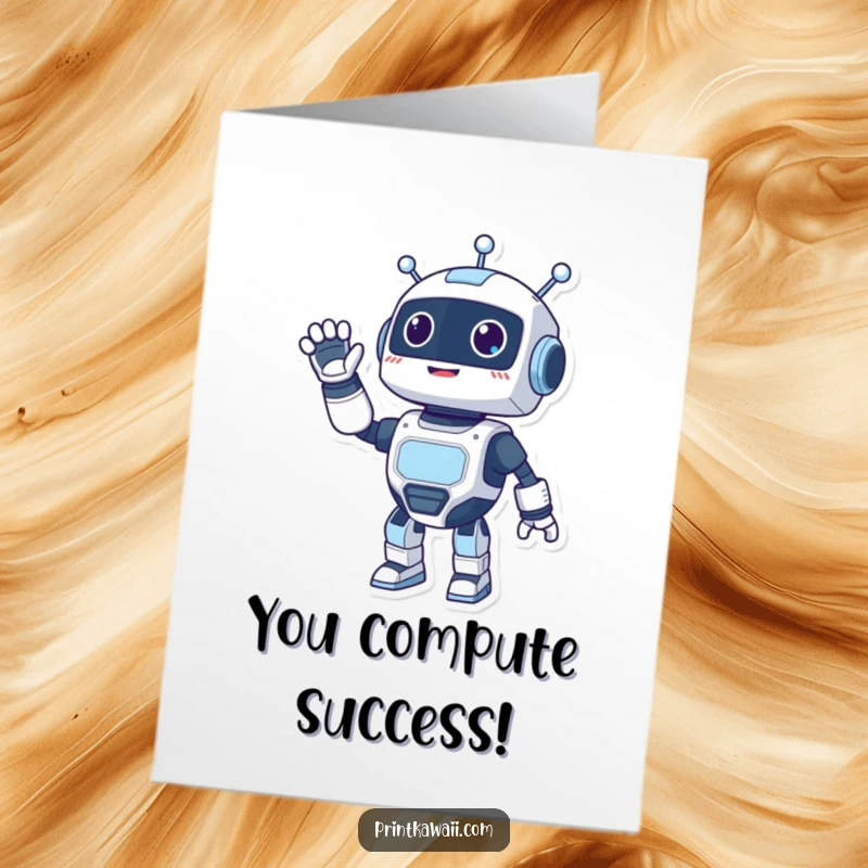Funny Free Printable Congratulations Card showing a happy robot character waving energetically to celebrate.