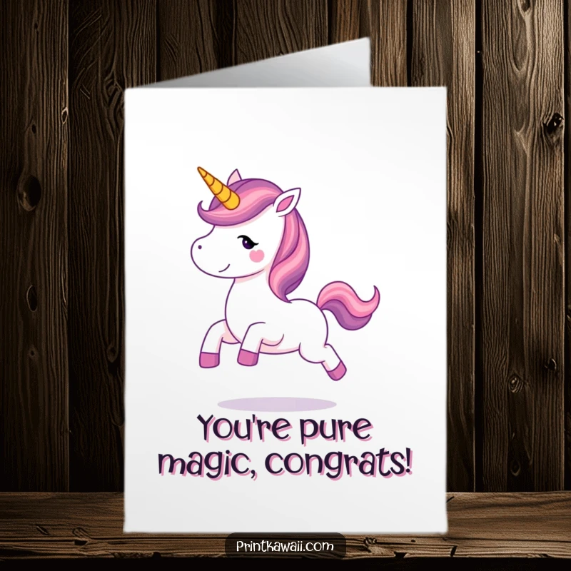 Cute Free Printable Congratulations Card: A delighted unicorn prancing with joy, sending magical vibes for a grand success.