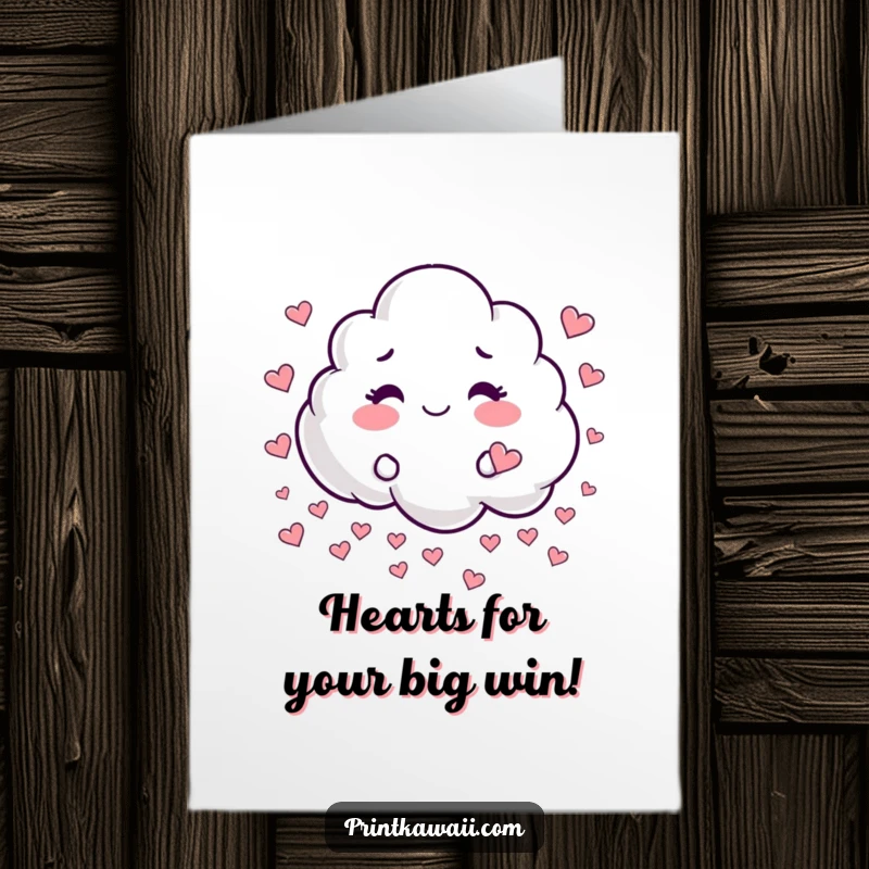 Funny Free Printable Congratulations Card showing a cloud character joyfully raining down tiny hearts.