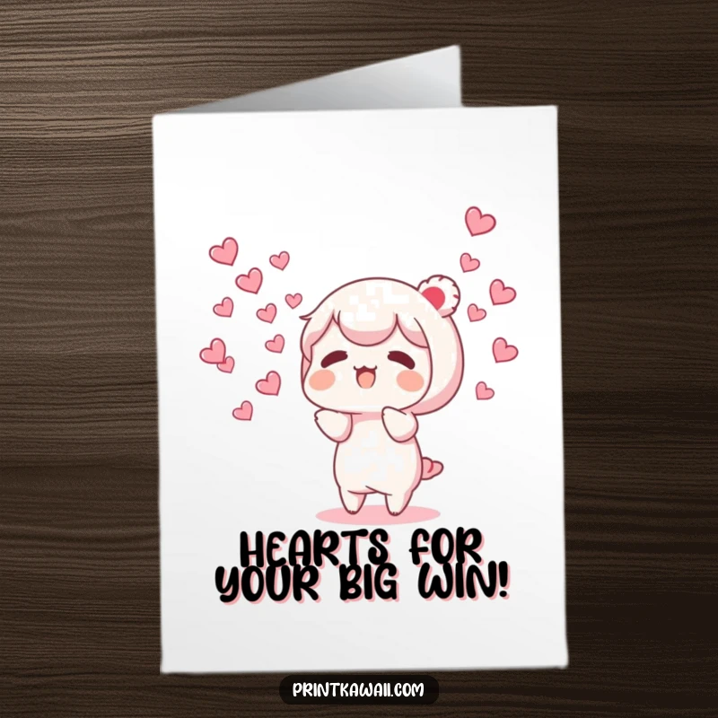 Funny Free Printable Congratulations Card: Character joyfully releases a flock of tiny hearts, signifying love and celebration.