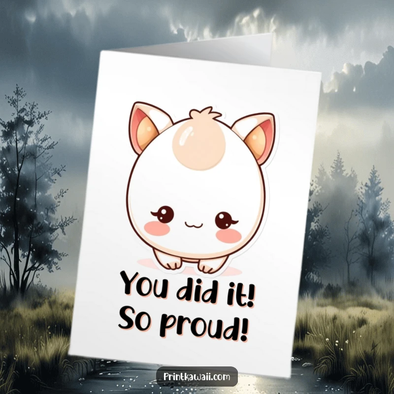 Joyful free printable congratulations card featuring a cute kawaii character with rosy cheeks and twinkling eyes, celebrating success.