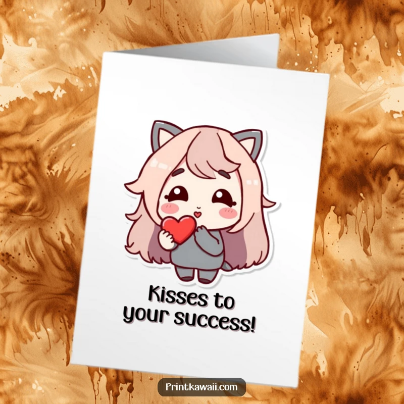 Funny free printable congratulations card of a character smiling gently, blowing a kiss towards a heart to signify good wishes.