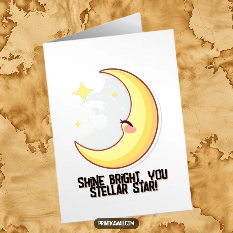 Funny free printable congratulations card with a winking crescent moon character giving a thumbs-up as it shines brightly.