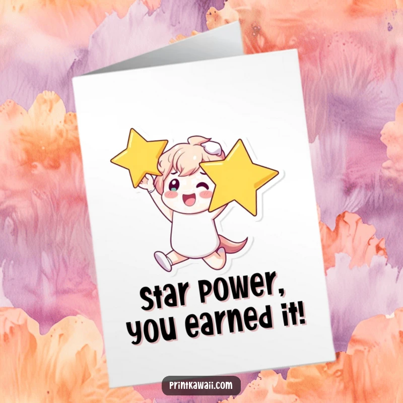 Funny Free Printable Congratulations Card: Elated Character Soaring with a Big Shiny Star.