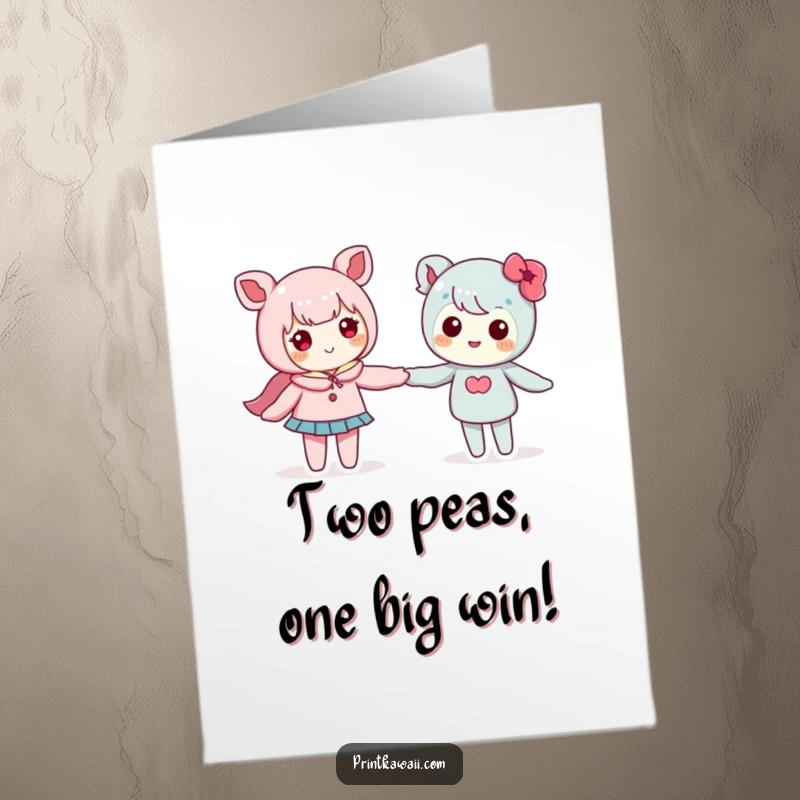 Adorable free printable congratulations card showing two cute kawaii characters walking hand-in-hand, celebrating togetherness.