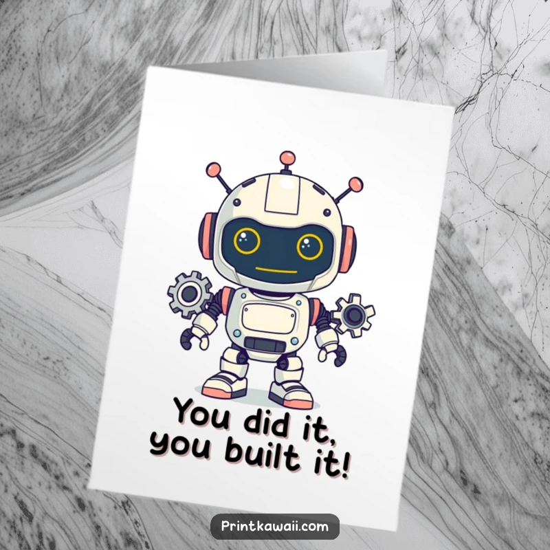 Funny Free Printable Robot Congratulations Card, gears whirring in excitement, celebrating a new achievement, a unique downloadable gift.