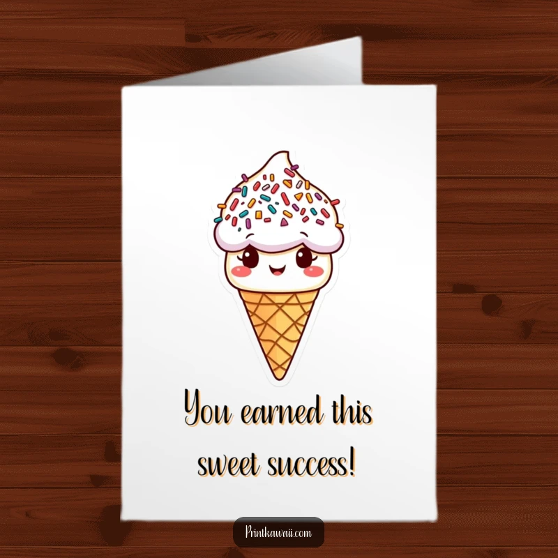 Funny free printable congratulations card featuring a smiling ice cream cone character with vibrant sprinkles for hair.