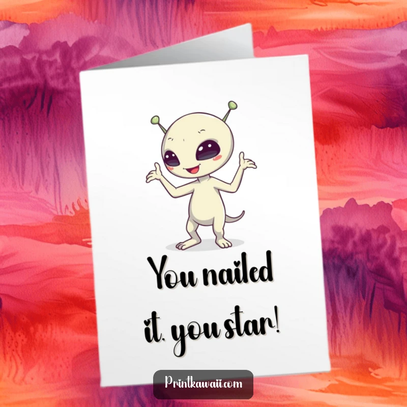 Funny Free Printable Congratulations Card: A quirky alien character in mid-silly dance, sending ecstatic party vibes.
