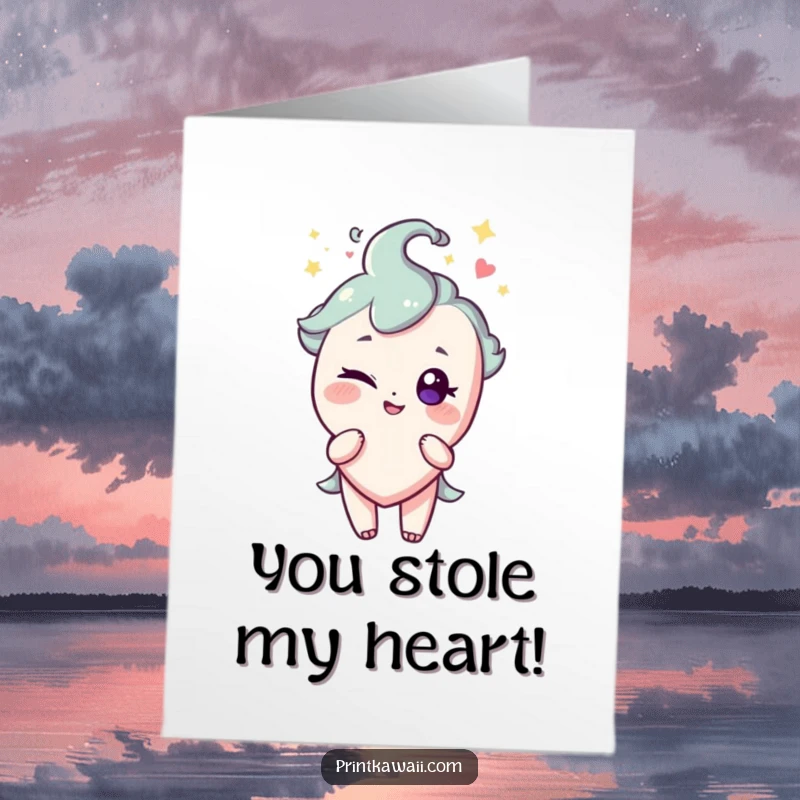 Funny Free Printable Congratulations Card with a sparkling heart character giving a cheeky, knowing wink.