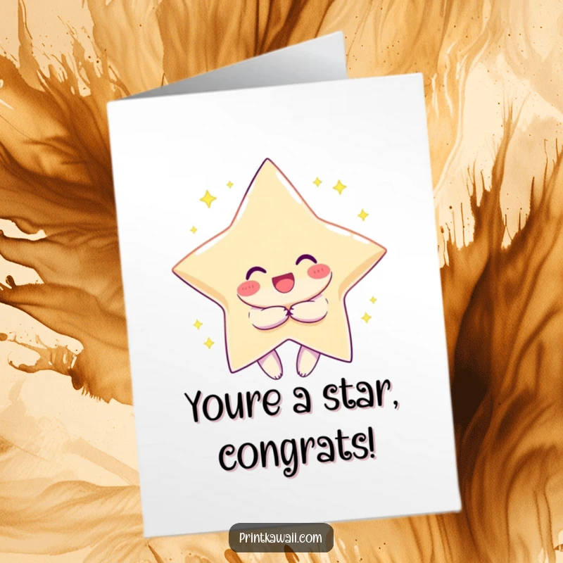 Funny Free Printable Congrats Card: Smiling character embracing a giant sparkling star, celebrating success with a downloadable gift.