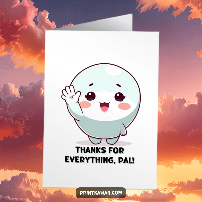 Funny Free Printable Thank You Card with a cute character giving a cheerful wave goodbye or hello with a big smile.
