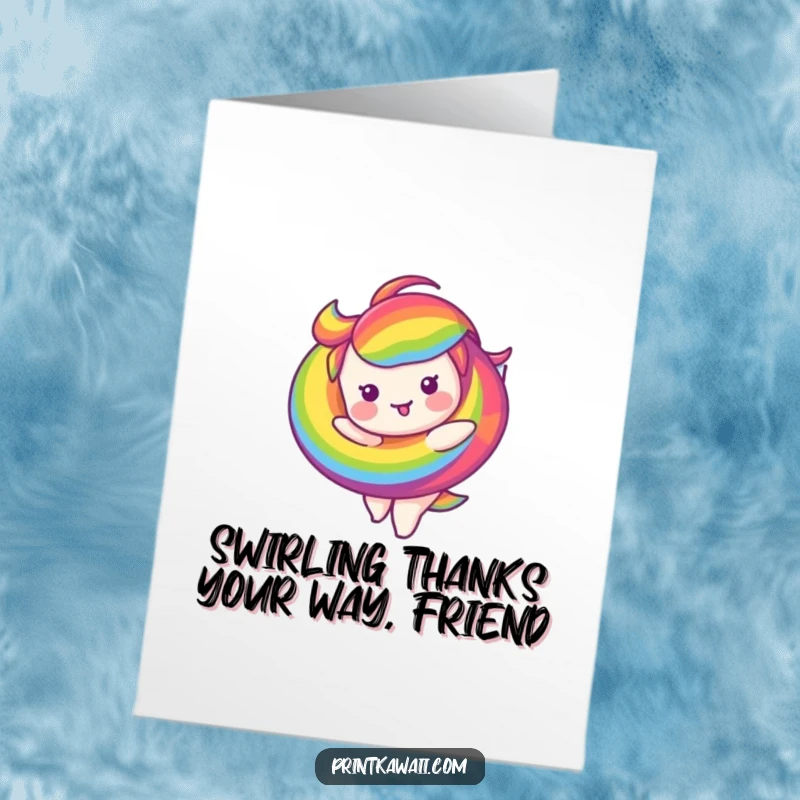 Funny Free Printable Thank You Card: Swirling Rainbow Character Expressing Sincere Gratitude Happily