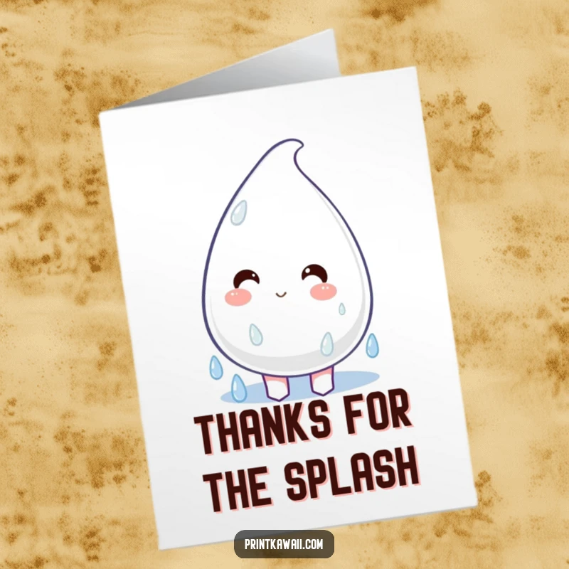 Funny Free Printable Thank You Card with a plump raindrop character happily dripping, ideal for 'Print at Home' expressions of gratitude.