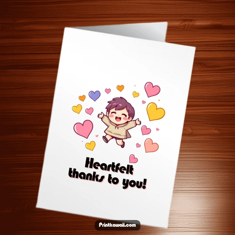 Funny Free Printable Thank You Card: Delighted character leaping with colorful hearts, a fun downloadable gift for thanks.