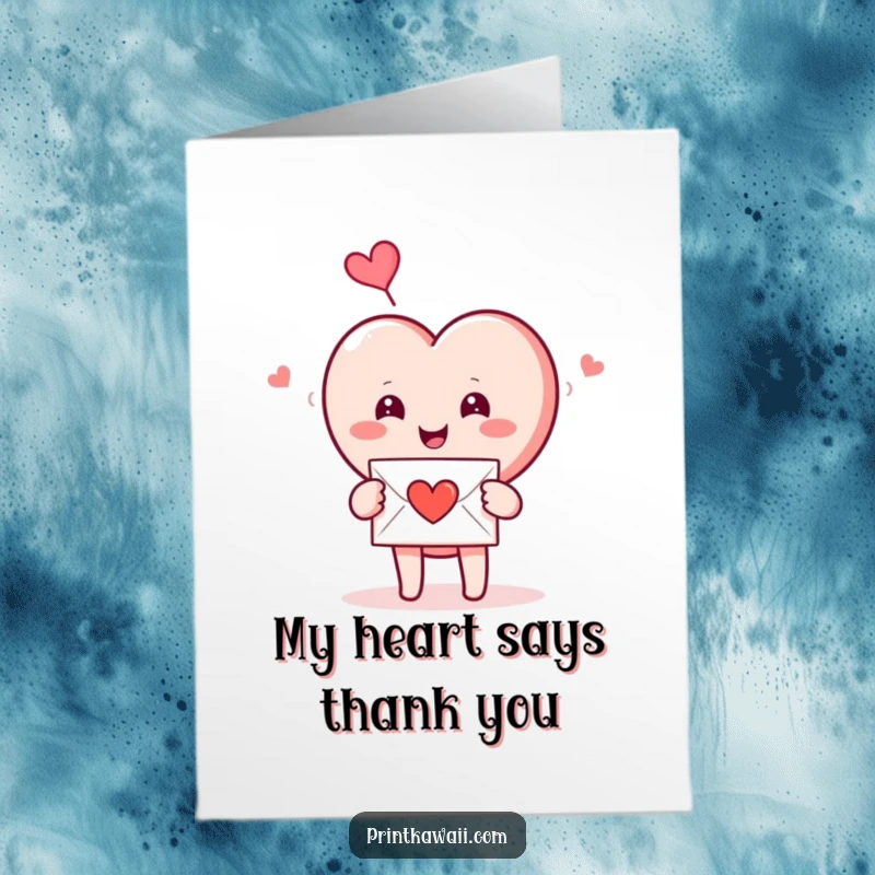 Funny Free Printable Thank You Card depicting a smiling heart character delighted by a love letter, conveying heartfelt thanks.
