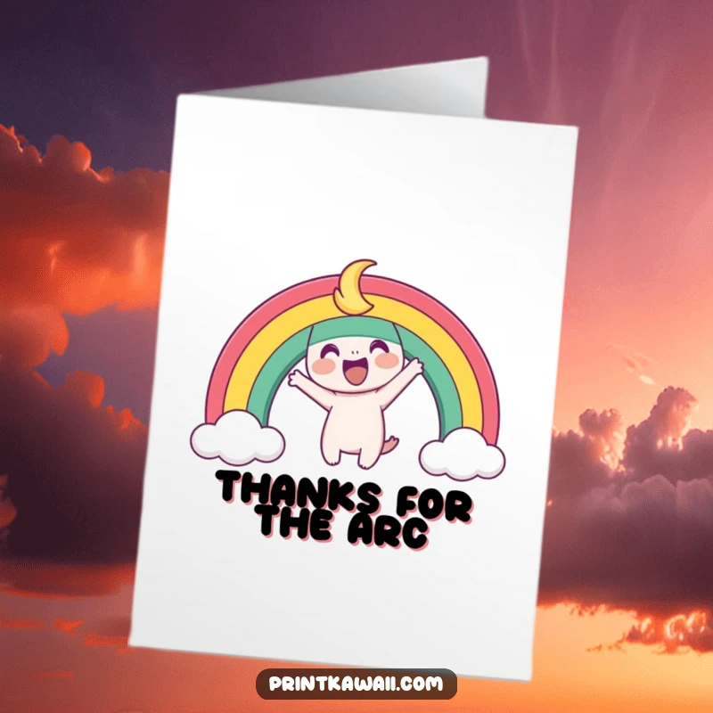 Funny Free Printable Thank You Card featuring a playful rainbow character arching joyfully, ideal for 'Print at Home' expressions of thanks.