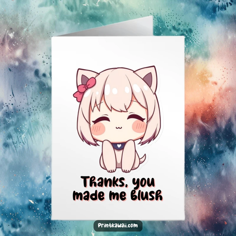 Funny Free Printable Thank You Card: Cute character blushing deeply with a shy smile, expressing gratitude with gentle charm.