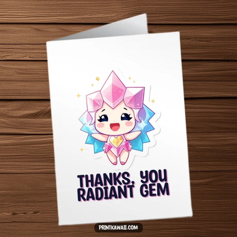 Funny Free Printable Thank You Card featuring a sparkling gem character radiating happiness, ideal for 'Print at Home' expressions of thanks.