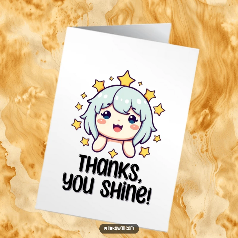 Funny Free Printable Thank You Card: Cute star character beaming with gratitude, encircled by shimmering stars, saying thanks.