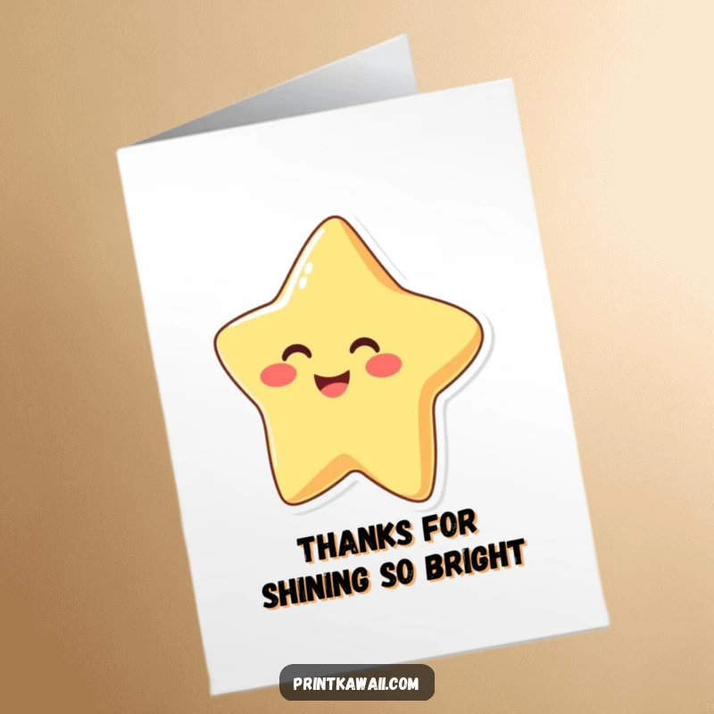 Funny Free Printable Thank You Card featuring a glowing star character conveying thanks, a downloadable gesture of appreciation.