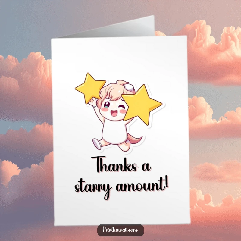 Funny Free Printable Thank You Card: Character Leaping with Joy, Holding a Radiant Star.