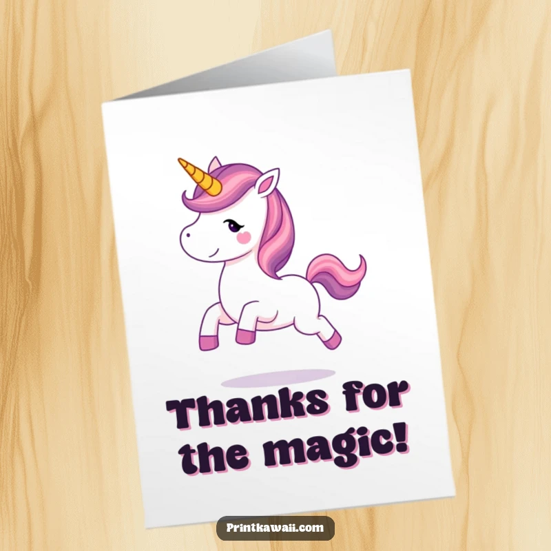 Cute Free Printable Thank You Card: A happy unicorn prancing with a flowing mane, conveying heartfelt thanks with sparkle.