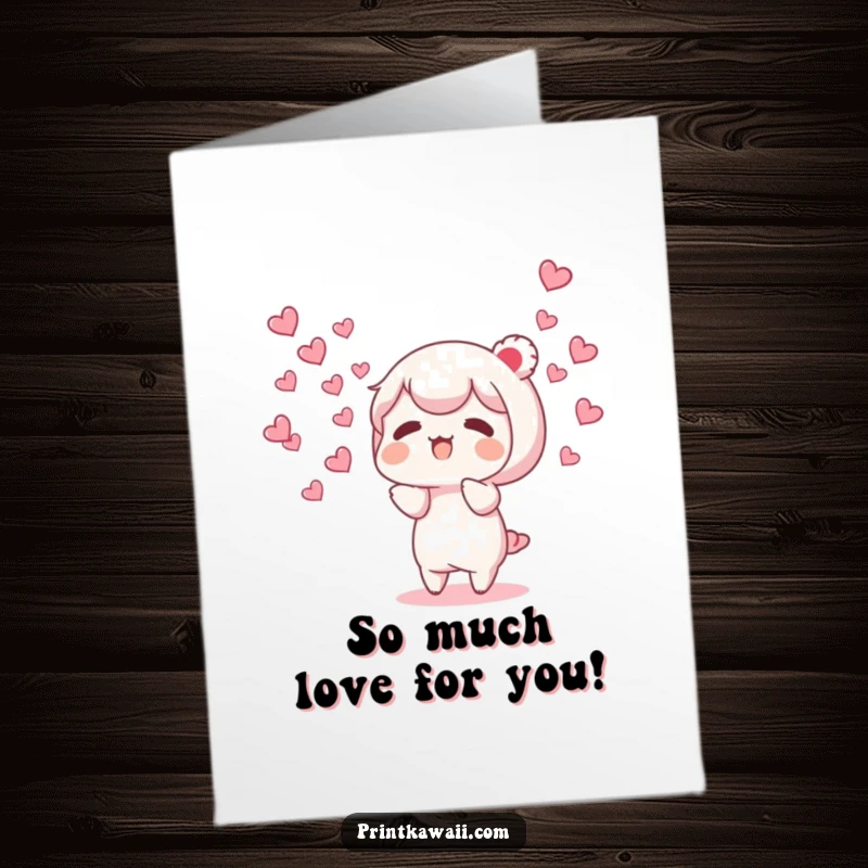 Funny Free Printable Thank You Card: Character releases a cloud of tiny hearts, signifying immense gratitude and love.