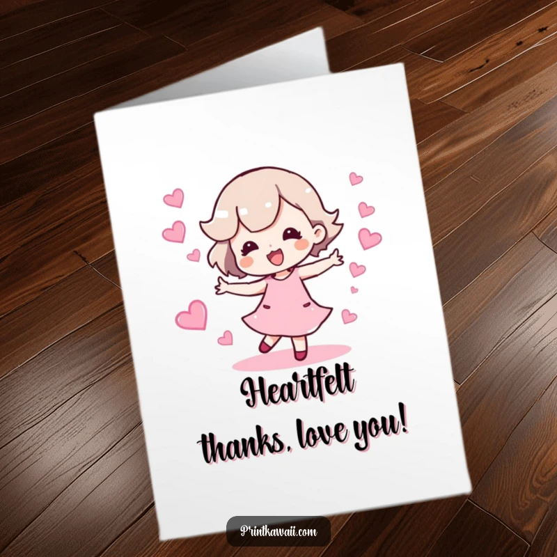 Funny Free Printable Thank You Card: Character dances happily, leaving a trail of sparkling hearts, expressing sincere thanks.