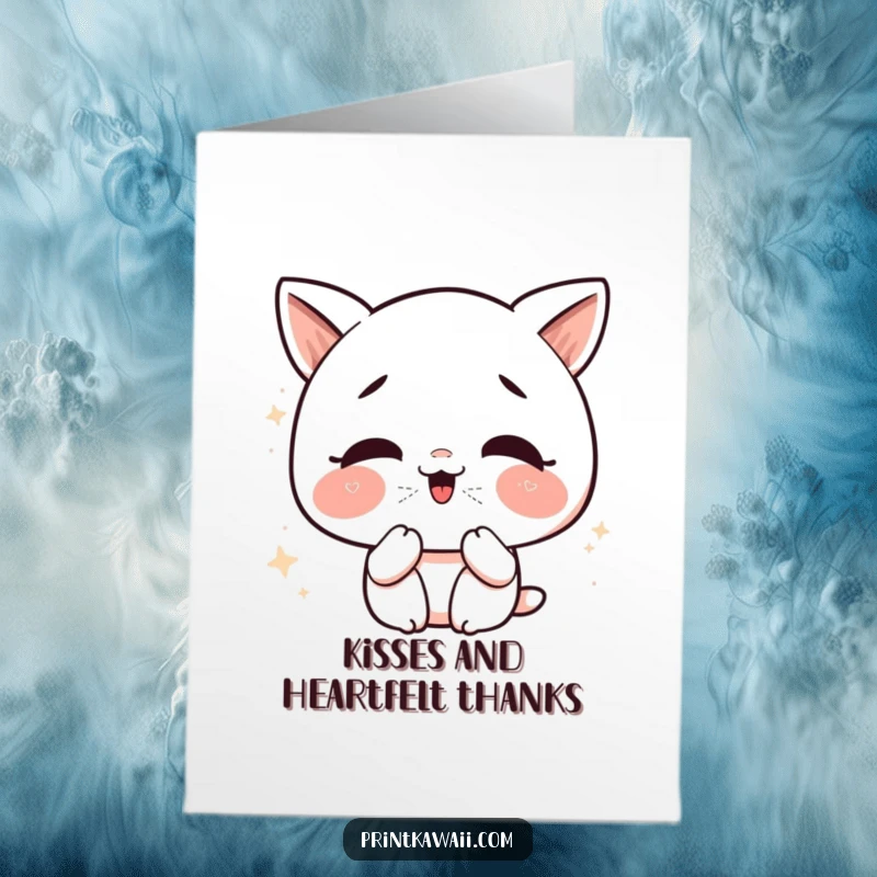 Funny Free Printable Thank You Card: Cute kawaii character giggling while blowing glittery kisses, sending sweet thanks.