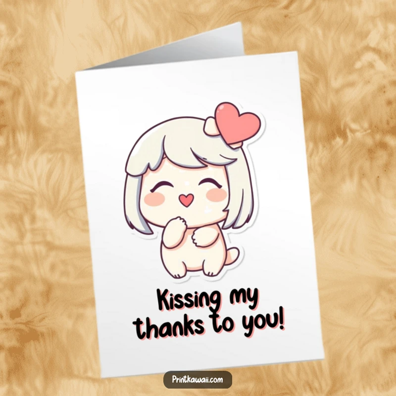 Funny Free Printable Thank You Card: Character blowing a kiss to a heart, expressing gratitude with a gentle, humorous touch for a gift.