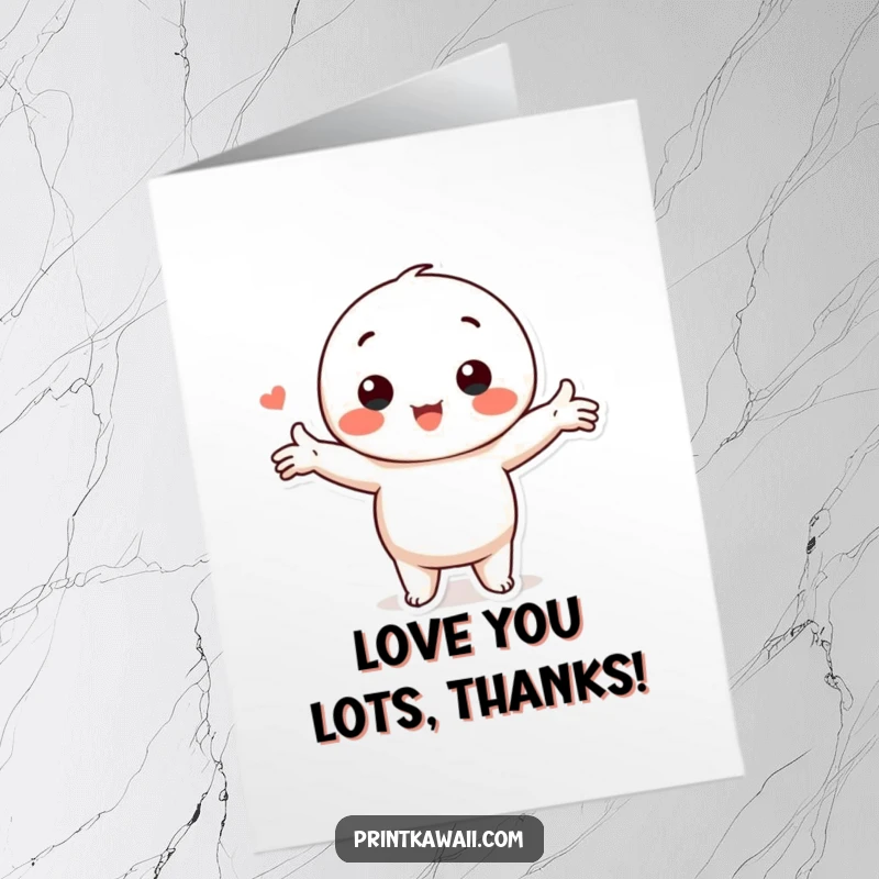 Funny Free Printable Thank You Card: Cute kawaii character with arms outstretched in a loving pose, offering a heartfelt hug.