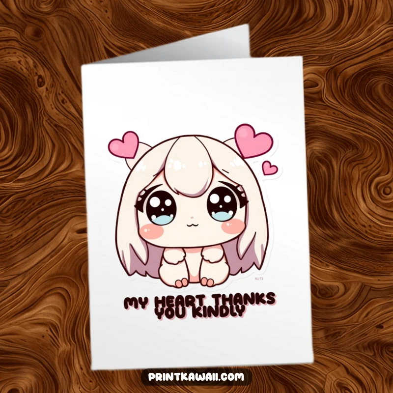 Funny Free Printable Thank You Card: Cute character with wide, sparkling eyes, looking at hearts, expressing thanks with adoration.