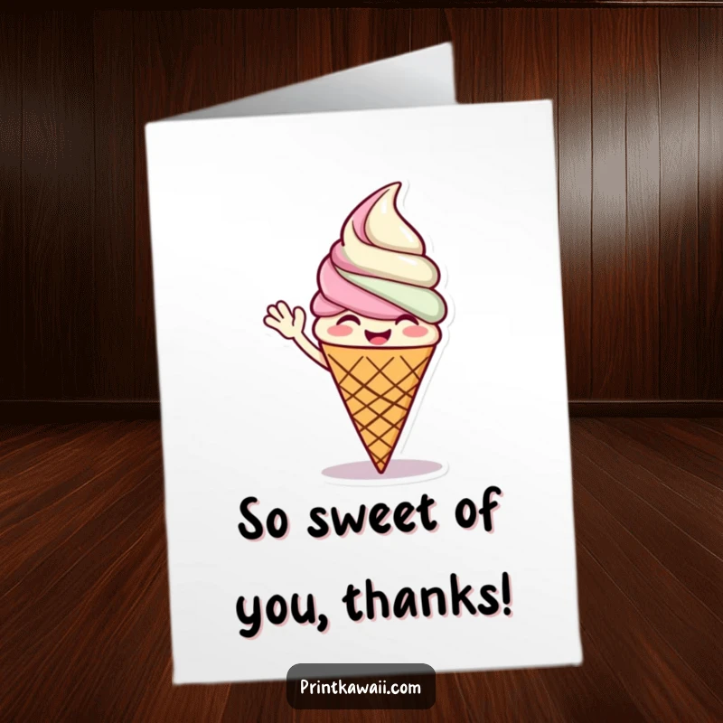 Funny Free Printable Ice Cream Cone Thank You Card, a giggling cone waving, expressing gratitude, a yummy downloadable gift.