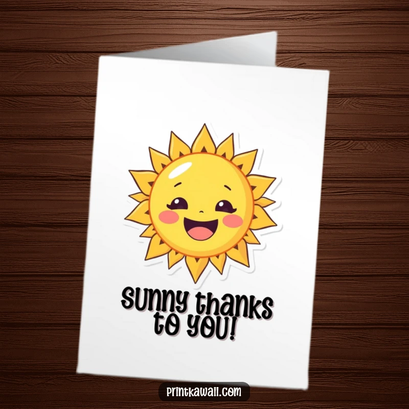 Funny Free Printable Thank You Card: a cheerful sun character with a wide smile, sending warm and sunny thanks.