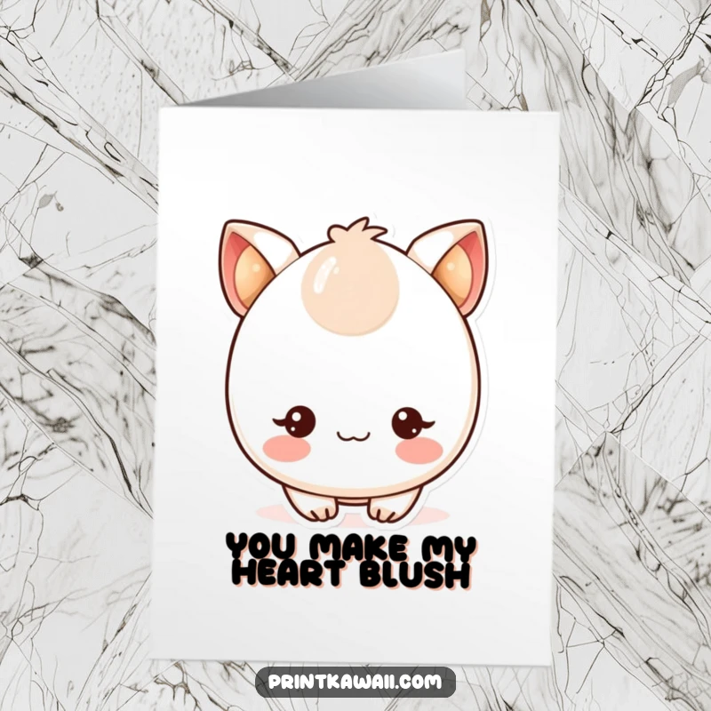 Sweet free printable thank you card of a cute kawaii character blushing with gratitude, radiating warmth.