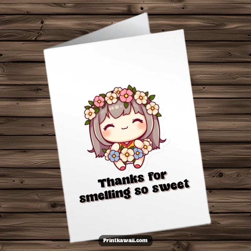 Sweet free printable thank you card of a cute kawaii character with a flower garland, conveying heartfelt thanks.