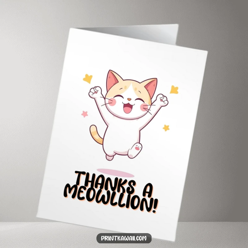 Funny Free Printable Thank You Card with a cute cat character jumping and celebrating, conveying thanks.