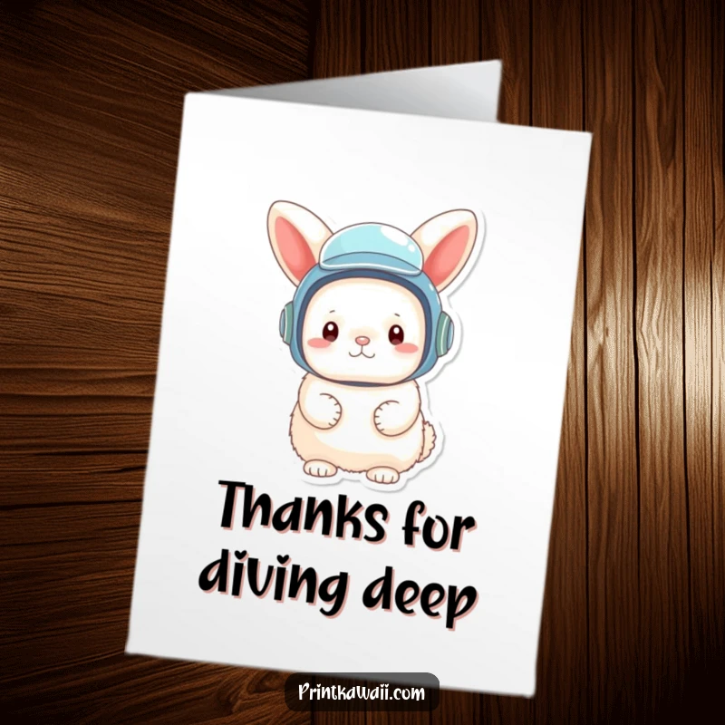 Funny Free Printable Thank You Card featuring a fluffy bunny in an oversized diving helmet, looking ready for adventure.