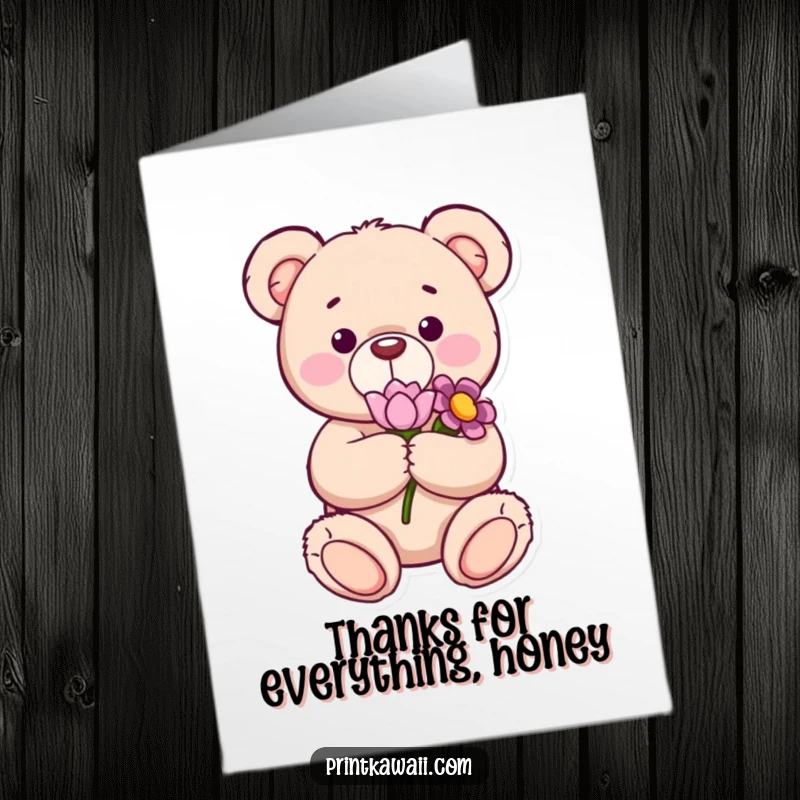 Funny Free Printable Thank You Card: Content teddy bear offering a flower, a symbol of appreciation and gentle thanks.