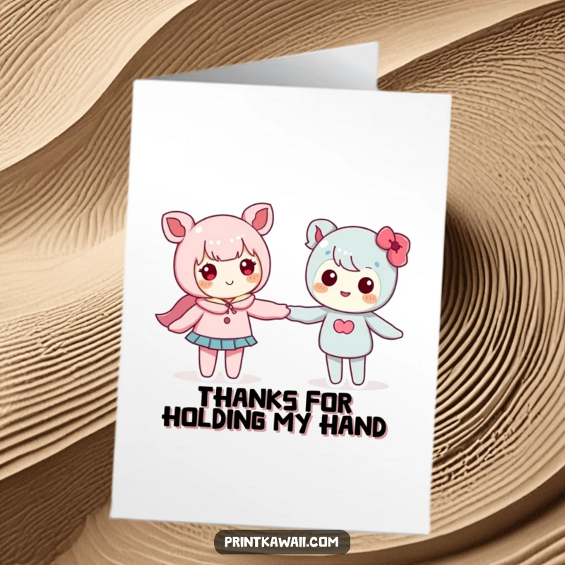 Heartfelt free printable thank you card with two cute kawaii characters holding hands, symbolizing support and appreciation.
