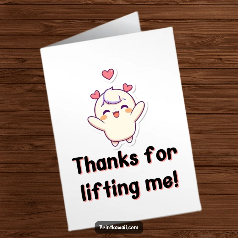 Funny Free Printable Thank You Card: Cute character floating with a heart, expressing thanks, a perfect downloadable gift for appreciation.
